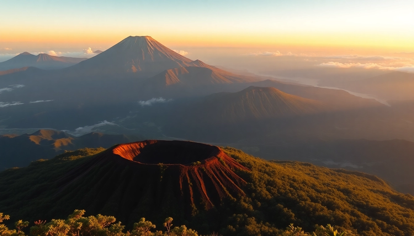 Stunning sunrise over Mount Rinjani with volcanic crater and scenic landscape, ideal for hikers and nature lovers.
