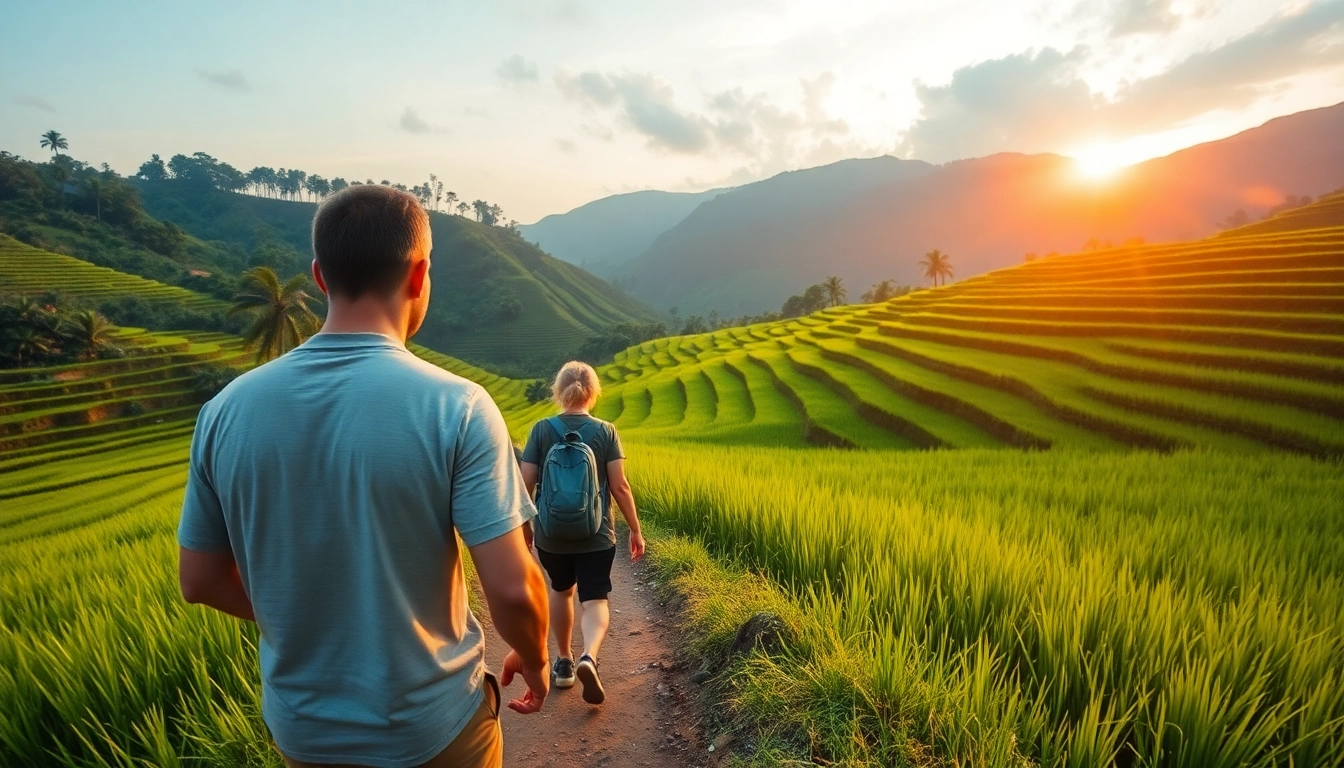 Guide leading travelers through Lombok's vibrant rice terraces, capturing scenic natural beauty.