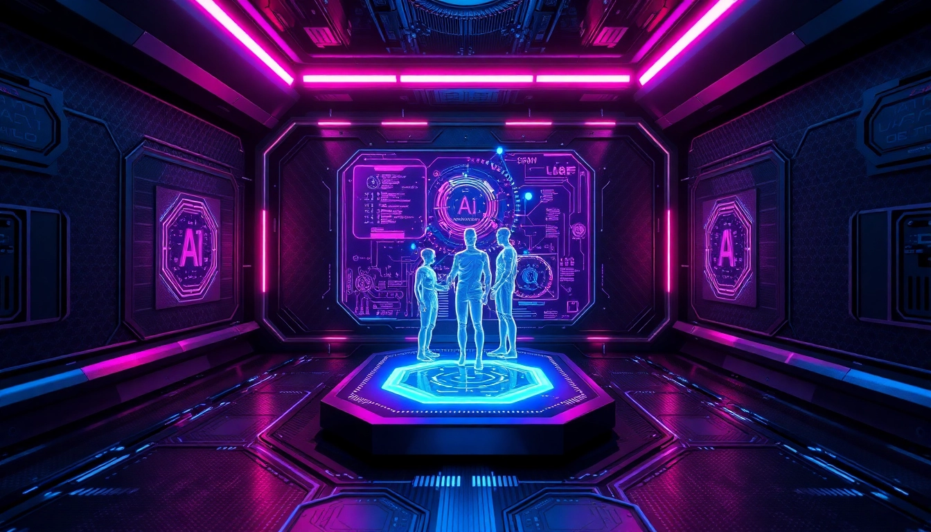 Futuristic digital scene with glowing holographic data streams and AI characters in a dark tech environment.