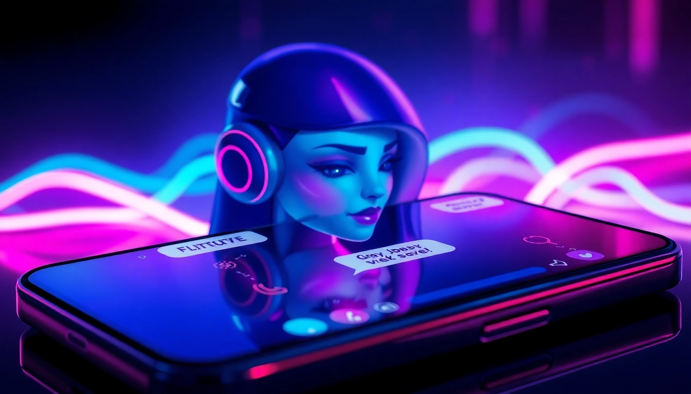 Futuristic digital illustration of a seductive AI chat interface on a mobile device, glowing with neon lights and cyber aesthetics.