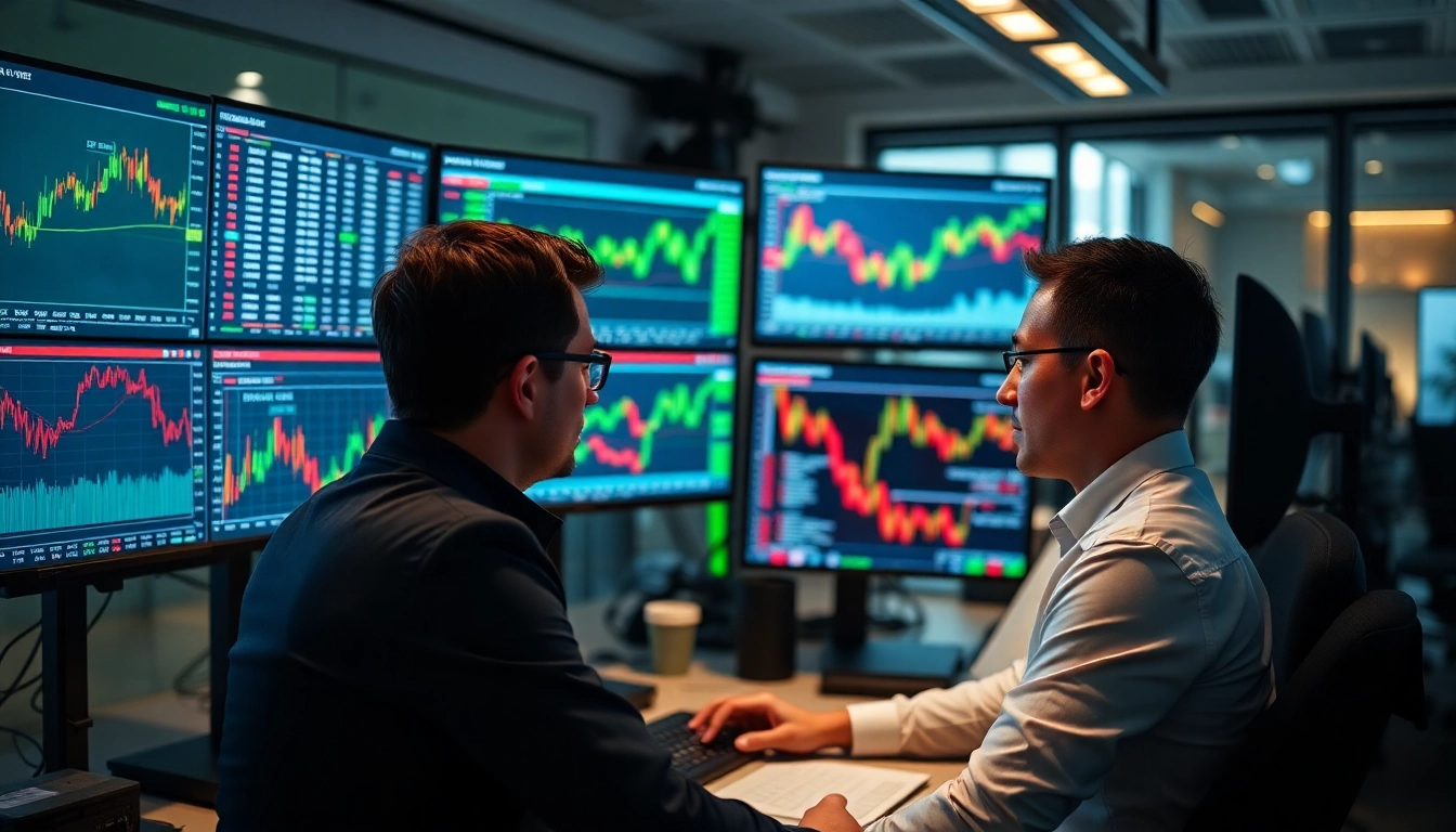 Online Stock Trading UK Trader analyzing UK market data on digital screens in a modern office