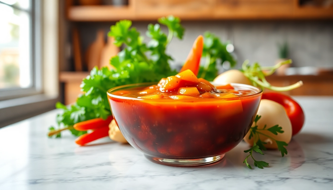 Delicious sweet and sour sauce being poured over fresh vegetables to entice taste buds and